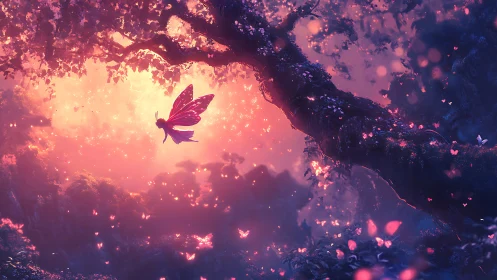 Softly glowing fairy drifts through a dreamy twilight forest