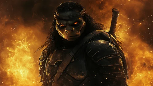 Battle-scarred reptilian warrior amid swirling inferno flame.
