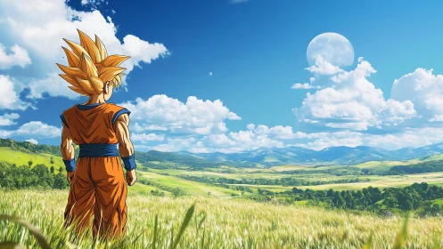 Anime warrior observing bright valley and distant moon.