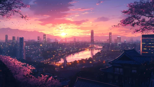 Neon city sunset framed by cherry blossoms and river glow.
