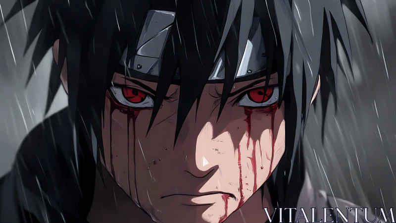 Intense anime warrior close-up with bleeding red eyes.