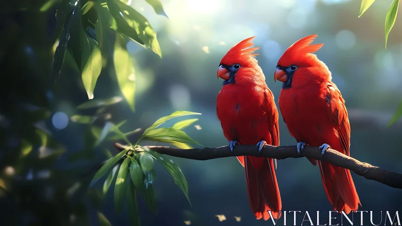 Two Vibrant Red Cardinals on a Branch in Soft Morning Light.
