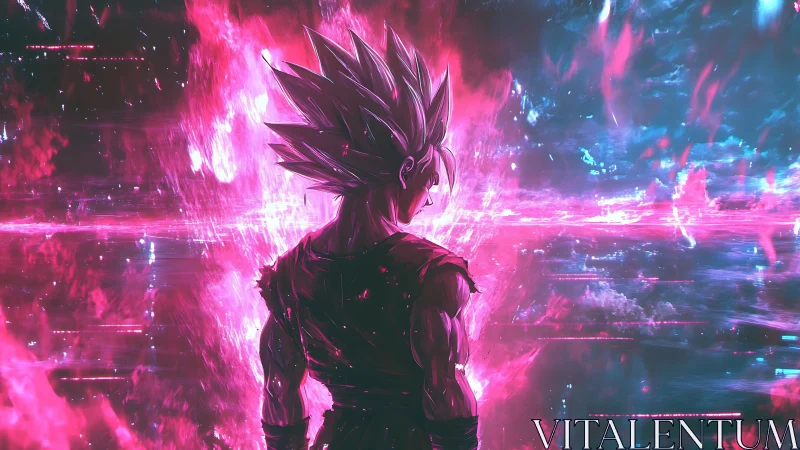 Powerful anime warrior in neon cosmic energy field.