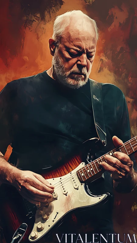 Elderly male guitarist with electric guitar on warm backdrop.