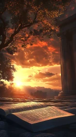 Open book on stone terrace near column at sunset sky.