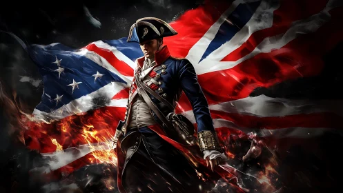 Revolutionary war officer before dual torn flags in flames