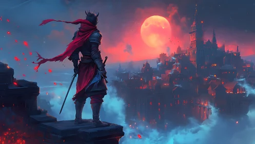 Lone warrior surveys a burning citadel beneath blood moon.