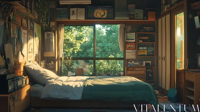 Sunlit studio bedroom with panoramic garden window view.