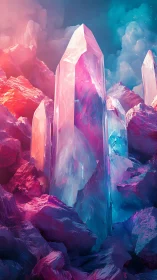 Vertical crystal formations in saturated mineral landscape.