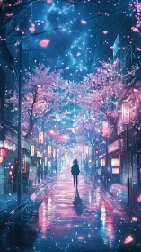 Silhouette walks through neon city street under cherry blossoms
