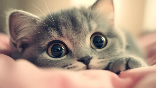 Gray Kitten with Luminous Eyes on Pink Fabric.