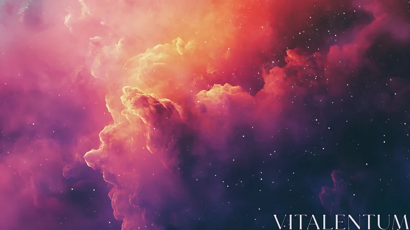 Nebula clouds drift like molten sunrise across cosmic night