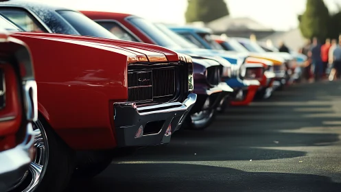 Sunlit row of vintage muscle cars polished for show day.