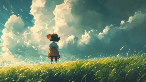 Child in orange coat watches towering summer storm clouds