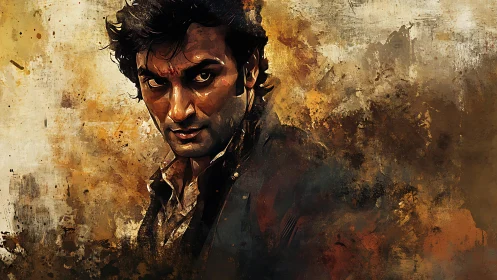 Male portrait emerges from textured abstract brown background