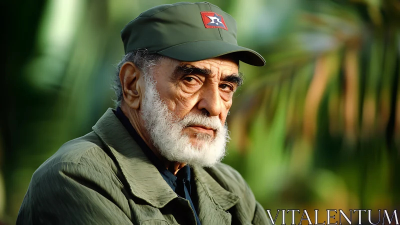 Weathered gaze of an elder in quiet green surroundings.