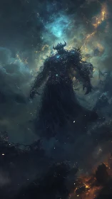 Voidborn titan rises through stormlit cosmic abyss.