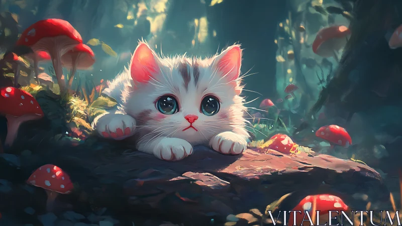 White Kitten in Enchanted Mushroom Forest with Bioluminescent Wildlife