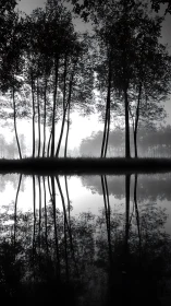 Tall trees mirrored in calm black and white forest water.
