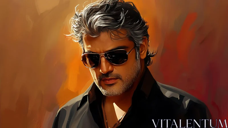 Cinematic digital portrait of man in sunglasses on warm backdrop