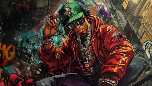 Digital painting portrait of urban hip-hop icon in alleyway.