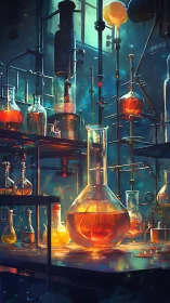 Chemistry laboratory with luminous orange experimental glassware.