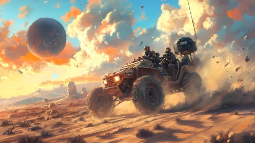 Armored rover racing across alien desert under sphere.