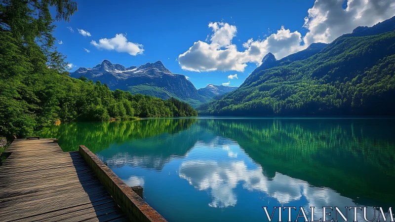 Mountain lake reflections along a quiet wooden boardwalk.
