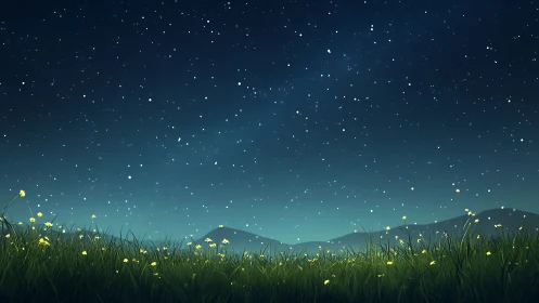 Quiet meadow under radiant starry night horizon sky.