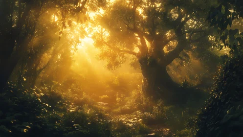 Ancient forest tree glows in golden, dreamlike sunrise light