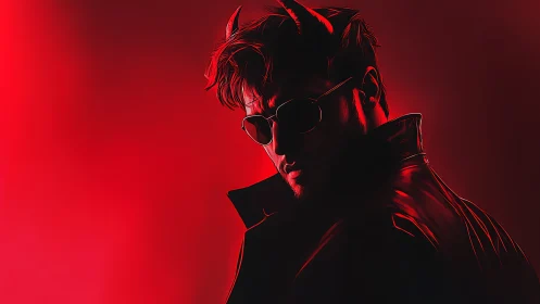 Devilish figure emerges in red neon haze and shadowed light.