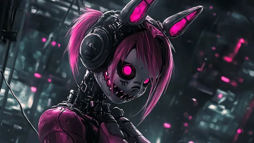 Cybernetic bunny girl with neon pink eyes in dark city.