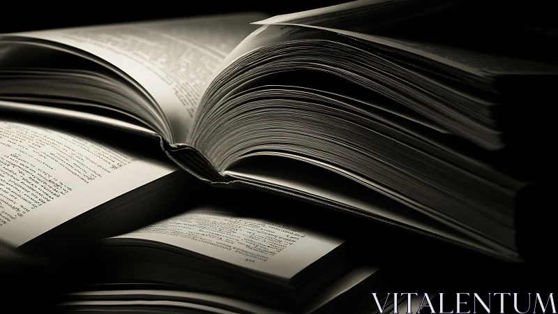 Low key study of open reference books in layered composition.