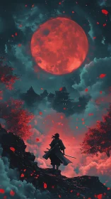 Lone warrior under red moon facing distant mountain fortress.