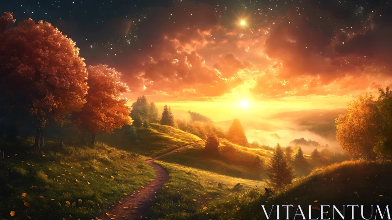 Sunlit valley landscape under vivid glowing sky at dawn