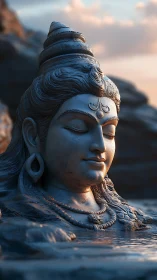 Stone Shiva bust emersed in water with soft subsurface lighting