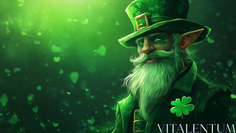Green leprechaun portrait with clover in glowing backdrop.