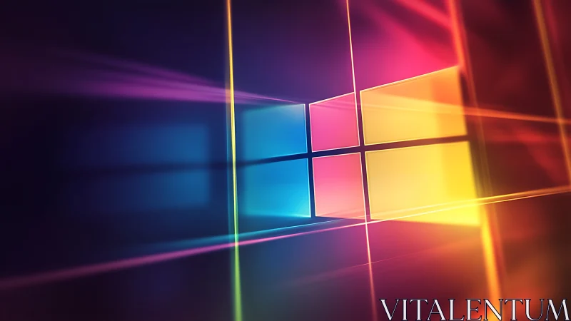 Vibrant geometric window abstraction in neon light grid.