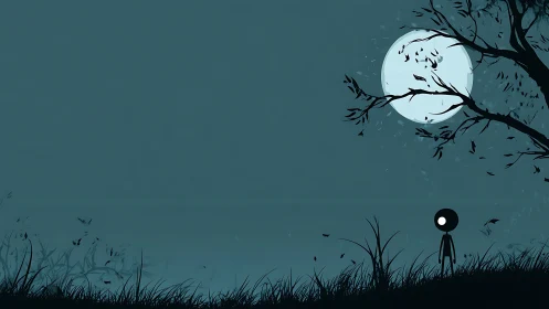 Silhouette figure stands under full moon beside windy tree