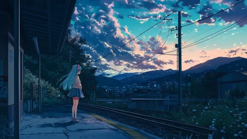 Quiet evening girl waits softly under a glowing sky