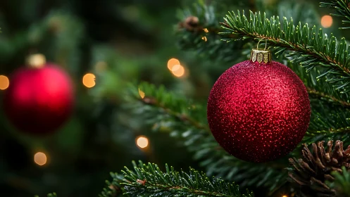 Red glitter ornament on evergreen branches with bokeh lights.
