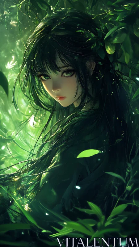 Forest nymph portrait with luminous green bokeh and flowing hair