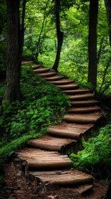 Forest Timber Staircase Through Dense Verdant Woodland Canopy.