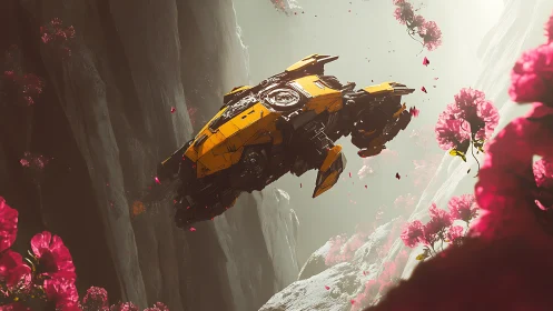 Yellow starship glides through alien canyon of vivid blooms