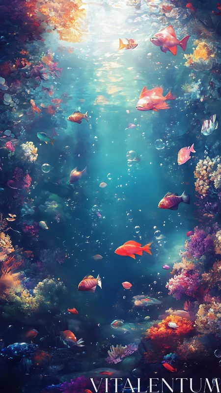 Sunlit tropical reef with colorful schooling fish and corals