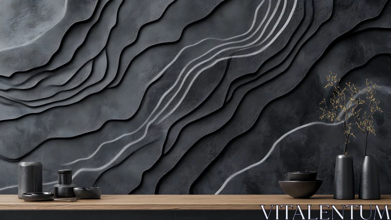 Textured charcoal wall relief with flowing contour lines