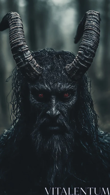 Dark horned demon portrait in moody forest chiaroscuro style.