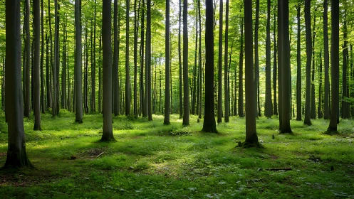 Sunlit Tranquil Forest with Tall Trees and Lush Greenery.