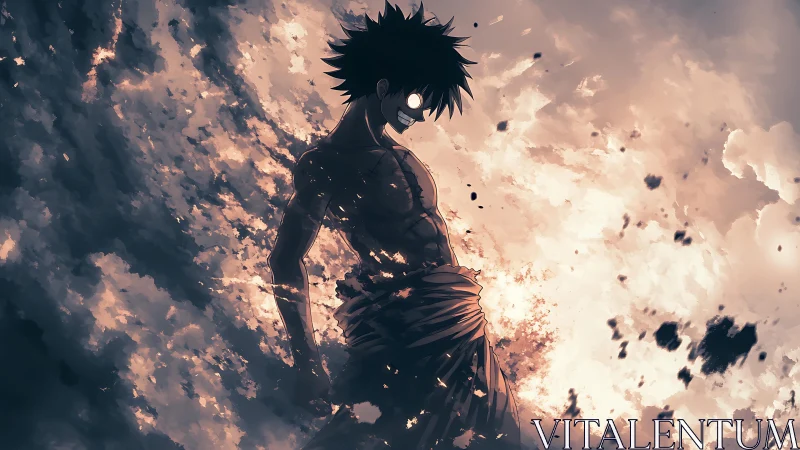 Storm-lit anime warrior emerges from swirling embers.
