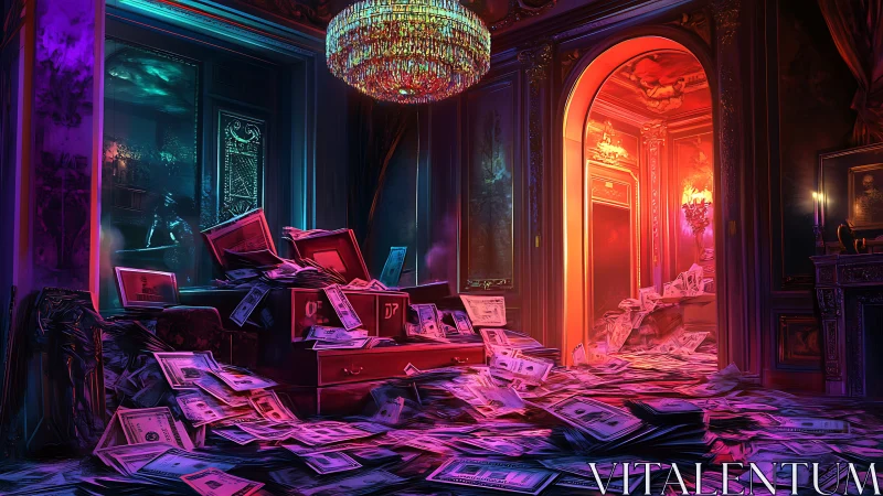 Overflowing fortune spills across a lavish neon-lit room